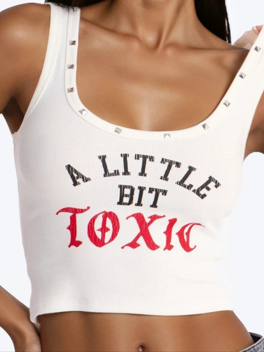 Fashion Nova White Studded 'A Little Bit Toxic' Ribbed Crop Tank